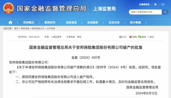 股票配资资讯网站 安邦保险集团和安邦财险进入破产程序获批复